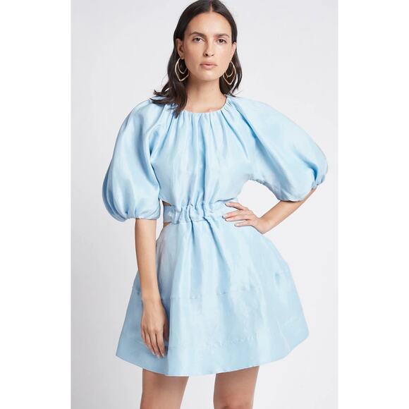 AJE Psychedelia Light Blue Puff Sleeve Cut-Out Pleated A-Line Mini Dress Size 8 AJE Psychedelia Light Blue Puff Sleeve Cut-Out Pleated A-Line Mini Dress Size 8